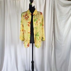 Southern Lady LG womens polyester semi sheer long sleeve blouse yellow flowered